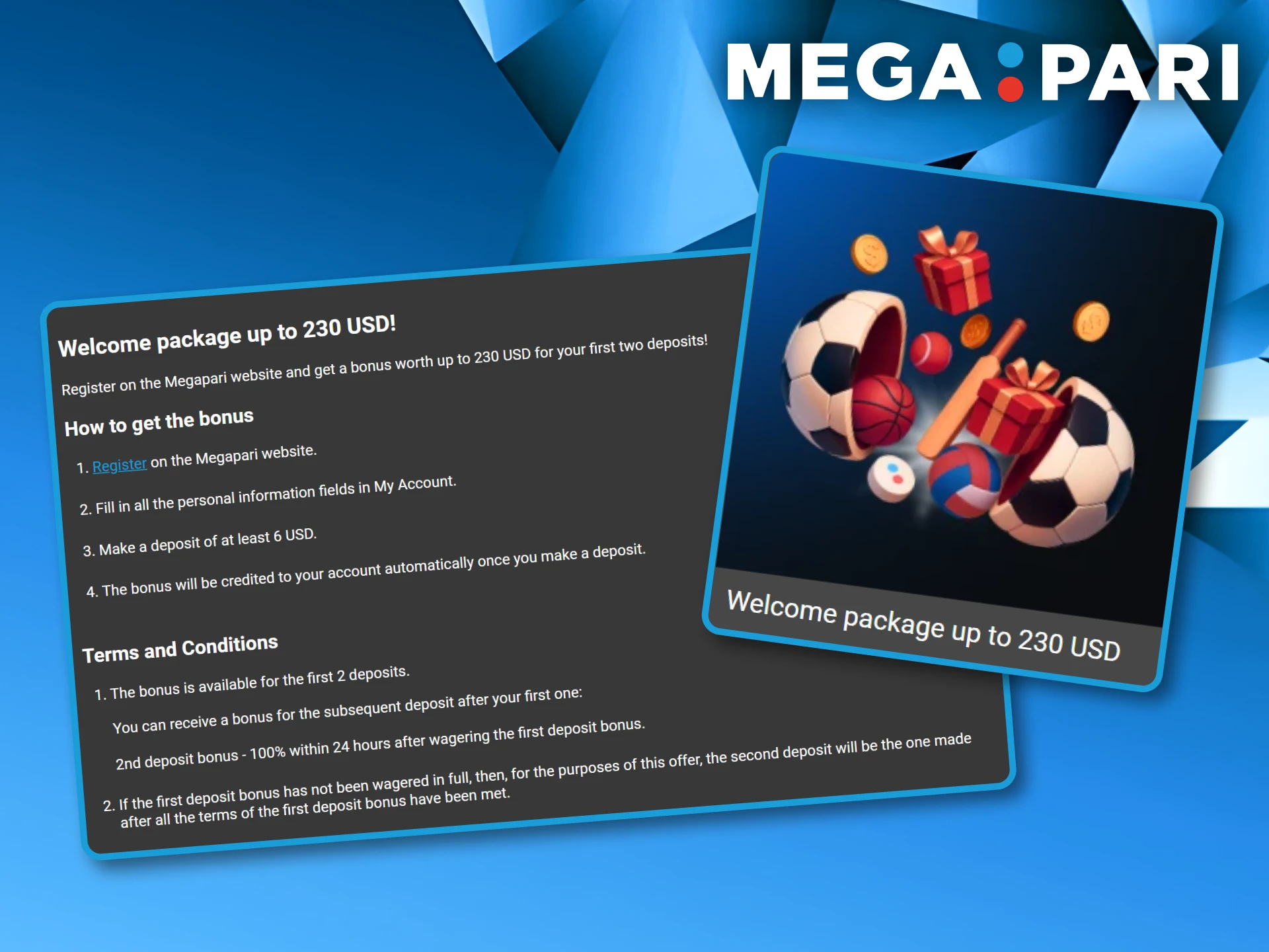 Promotion page explaining how to claim the sports betting welcome bonus for the first two deposits at Megapari.