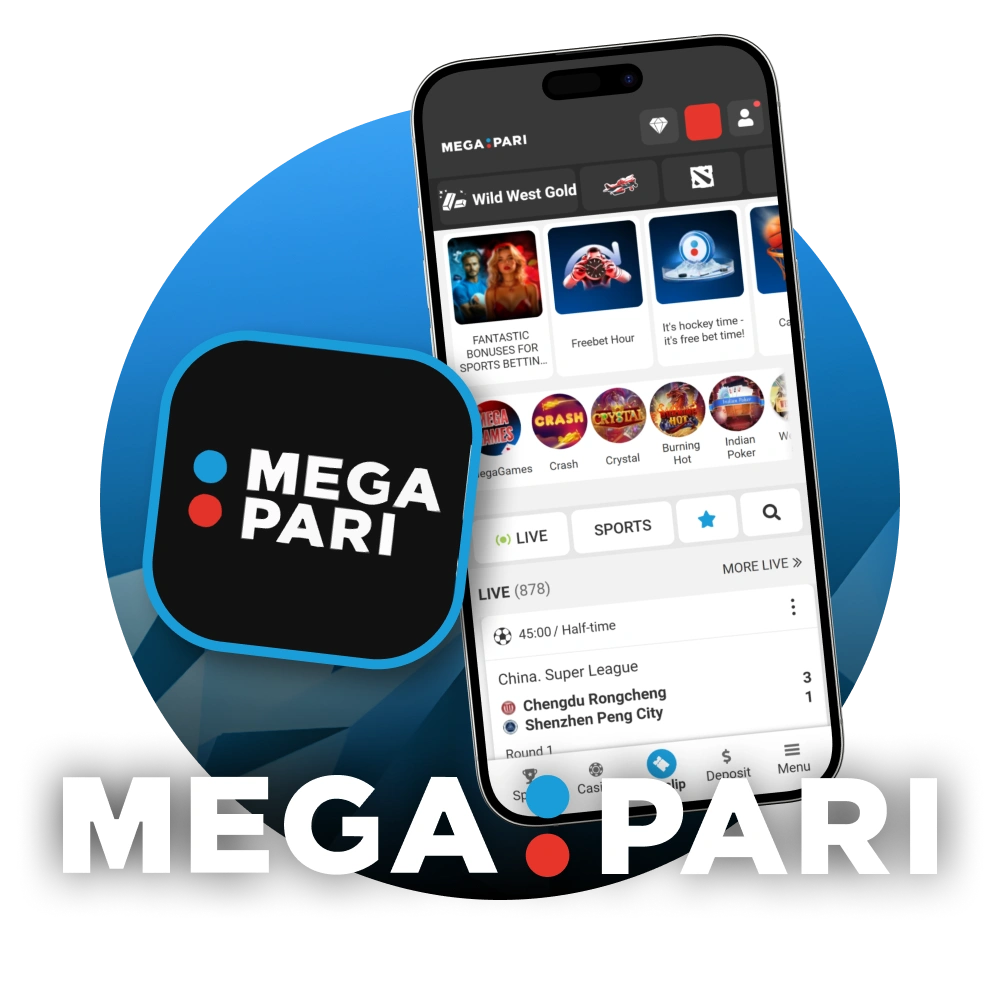 Megapari mobile app interface displaying sports betting and casino games on a smartphone screen.