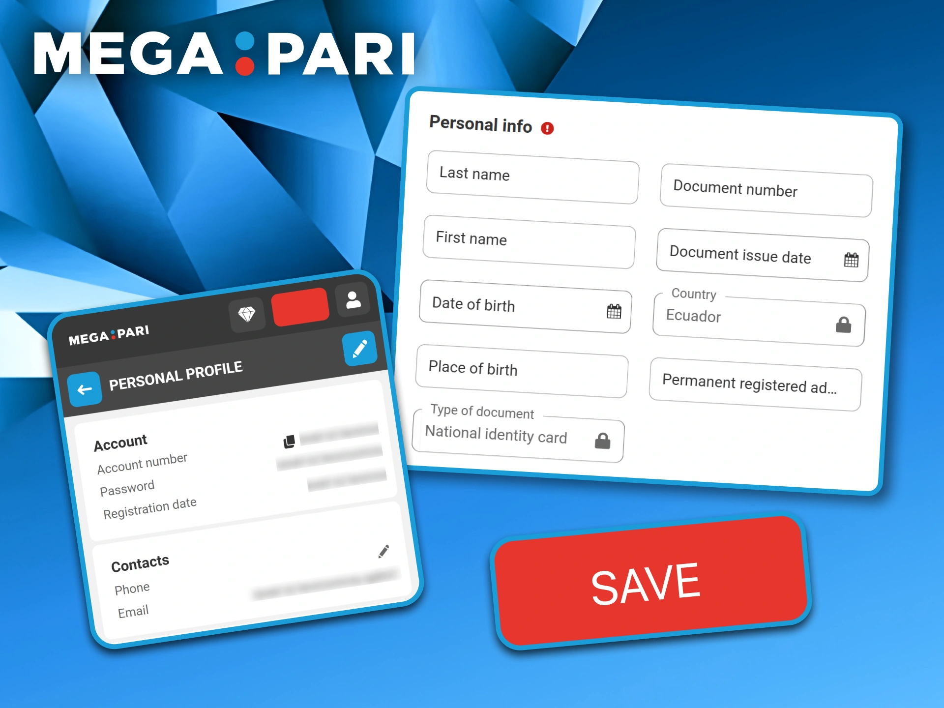 Personal information form showing fields for identity document details to verify a Megapari account.