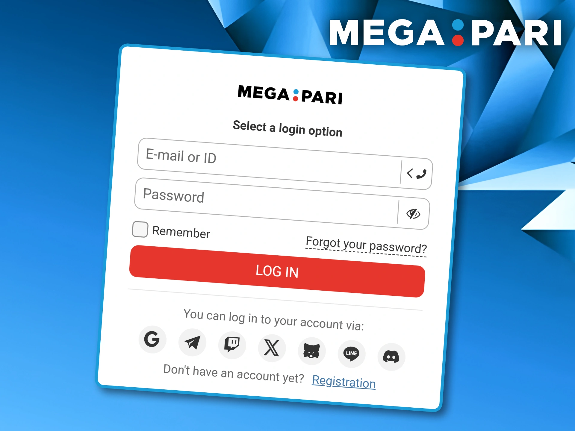 Login window displaying fields for credentials and social network authorization icons at Megapari.