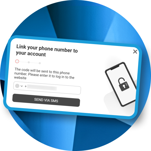 Phone number linking interface with a button to request a confirmation code via SMS for Megapari.