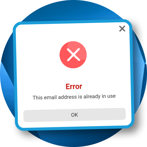 Error pop-up notification stating that the entered email address is already in use at Megapari.