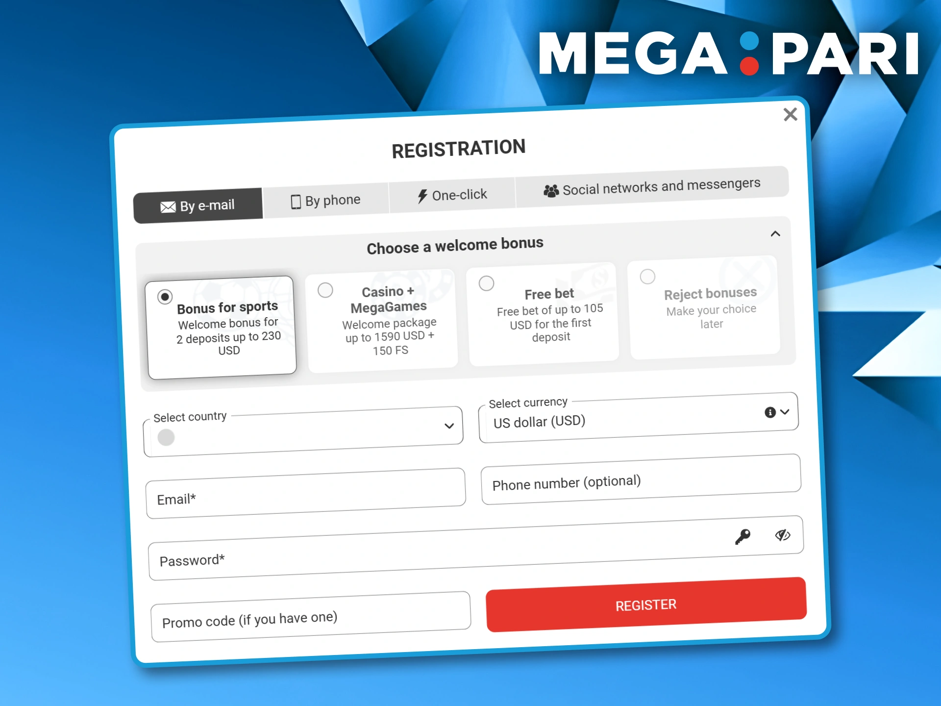 Full registration form highlighting the email sign-up method at Megapari.
