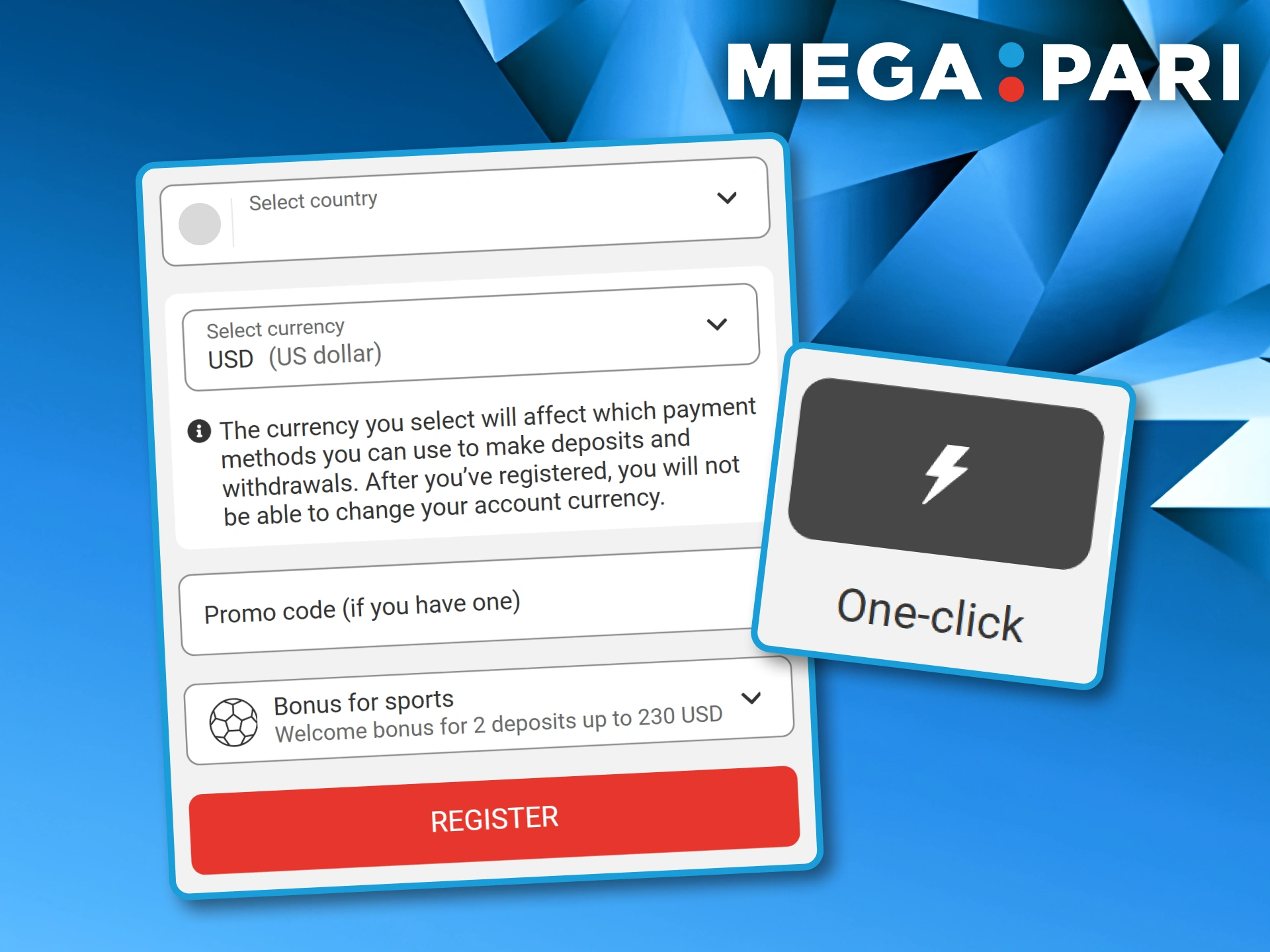 Registration window featuring the one-click account creation option for Megapari users.