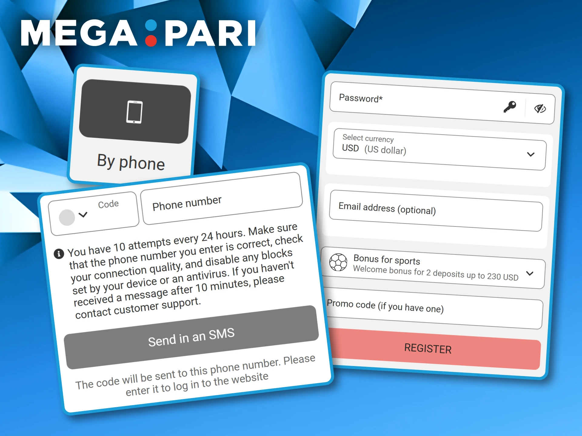 Mobile registration interface with instructions on requesting an SMS code to join Megapari.