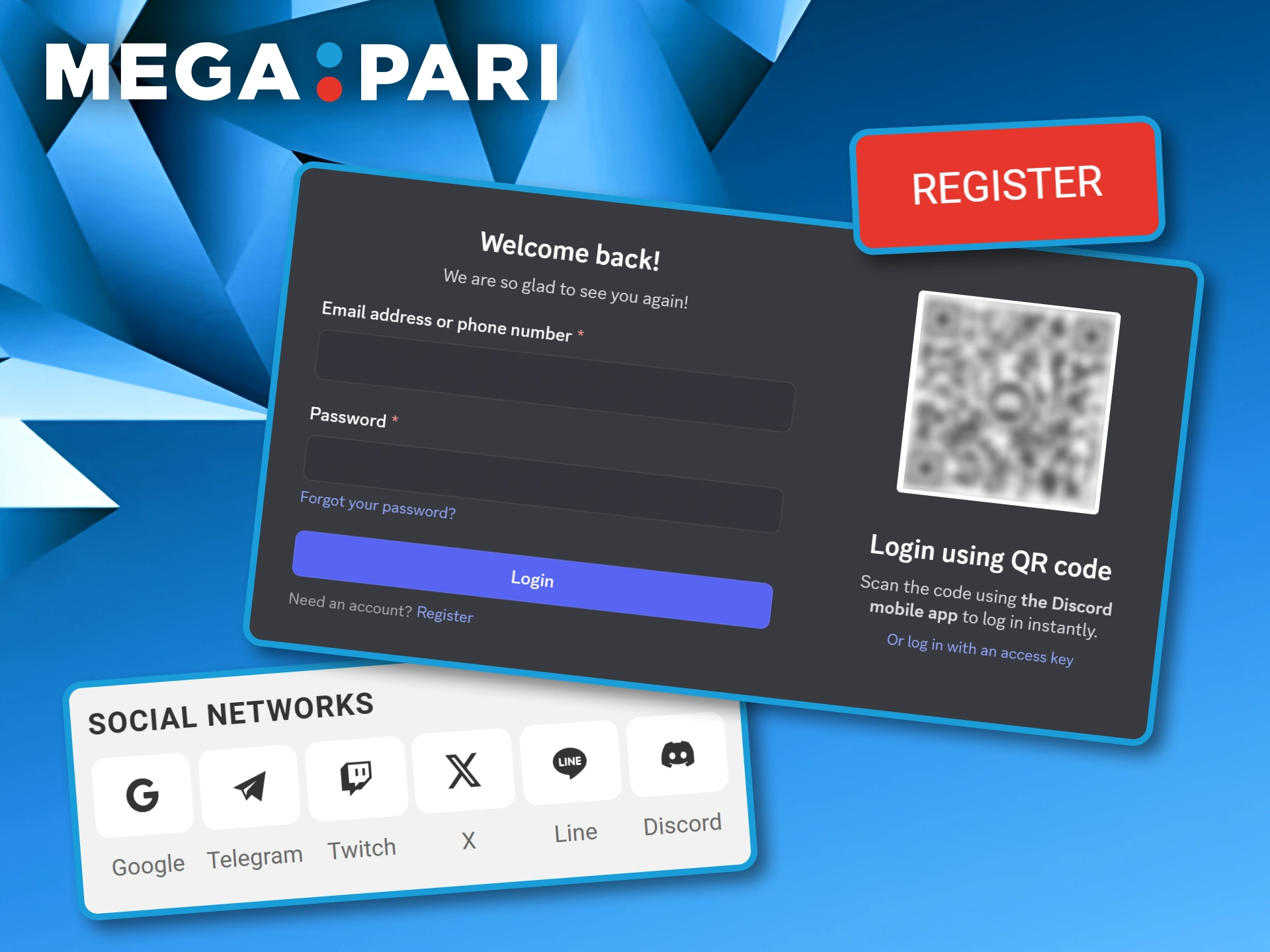 Authorization screen offering login via various social media platforms for Megapari.