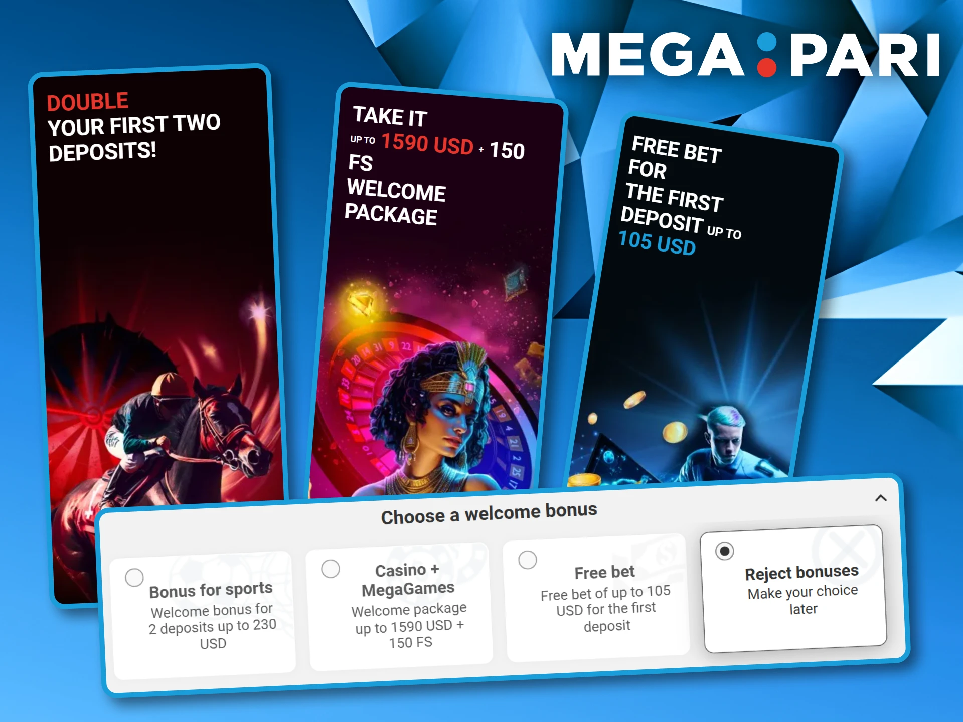 Visual menu allowing new players to choose between sports, casino, or free bet welcome bonuses at Megapari.