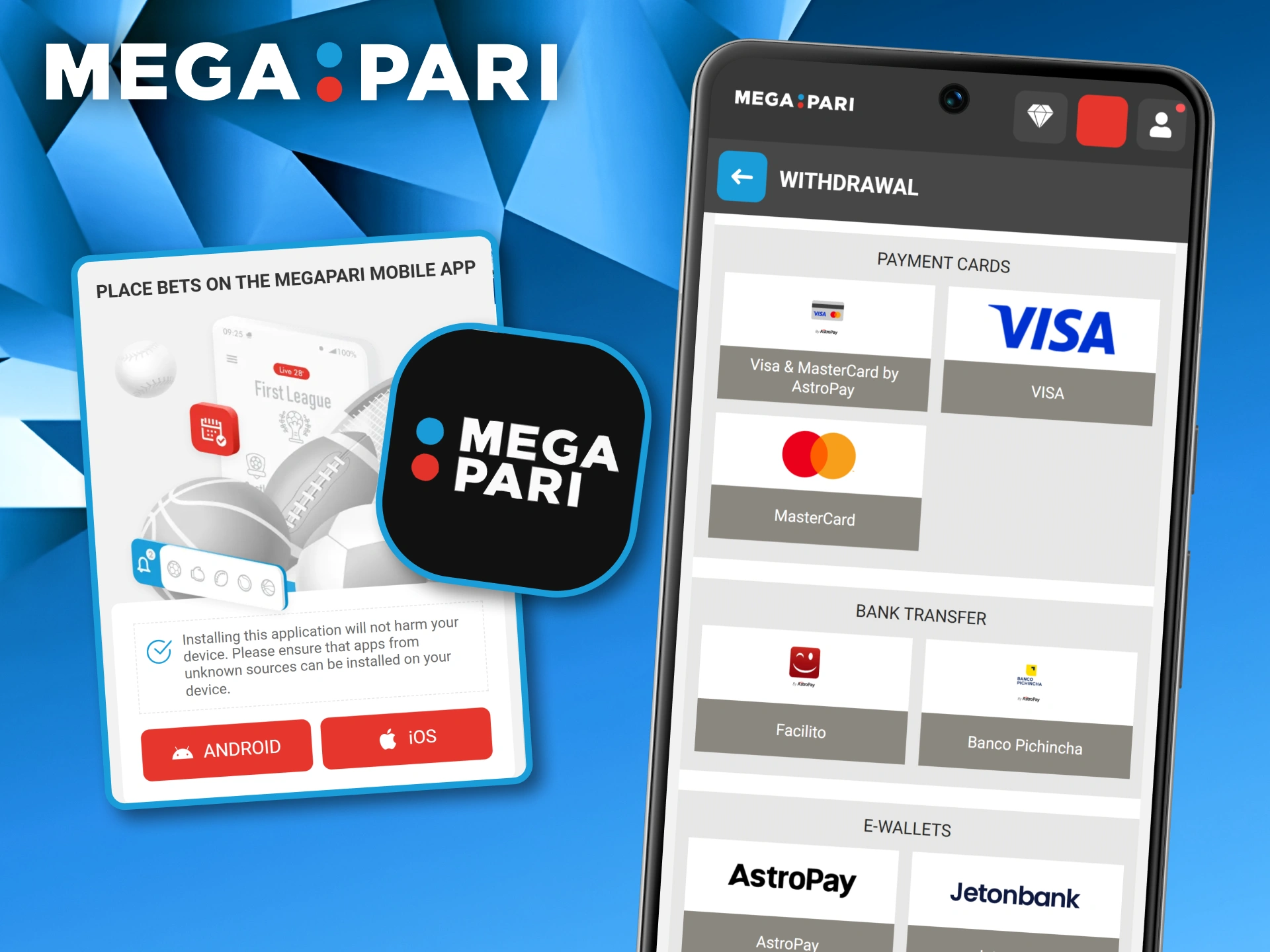 Smartphone displaying the withdrawal section of the Megapari mobile app with various bank transfer and card options.