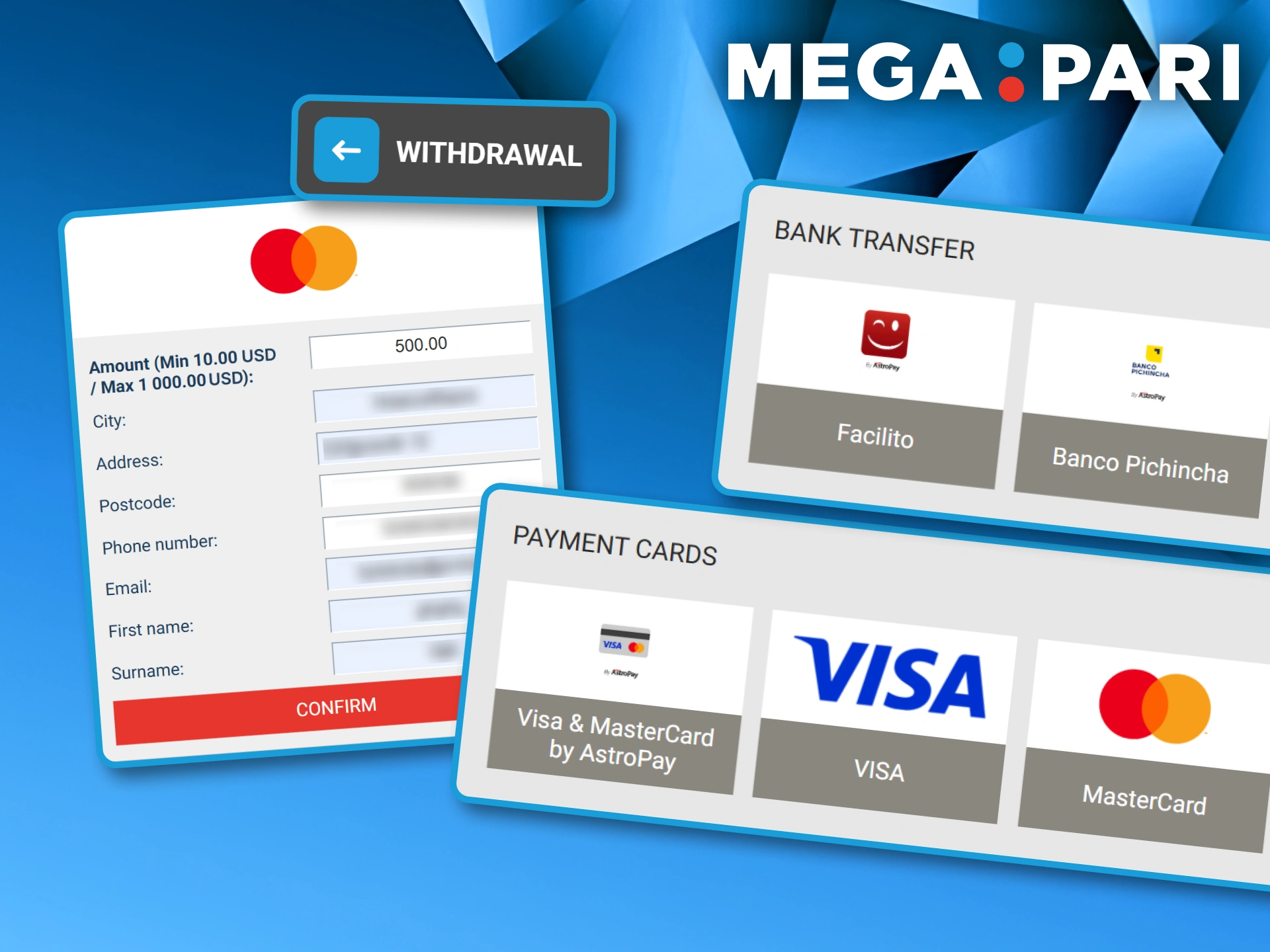 Payment interface showing the fields for withdrawing Megapari winnings back to a Mastercard or Visa card.