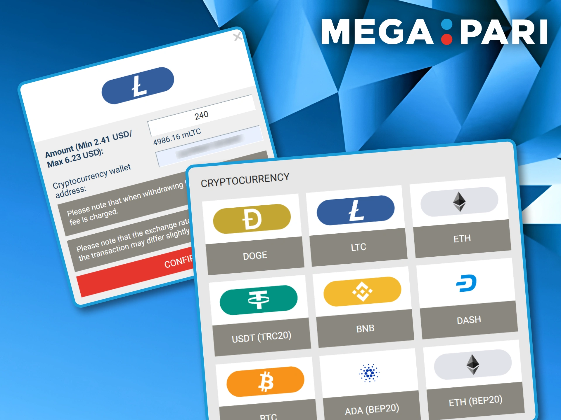 List of digital assets including Dogecoin and Litecoin available for cashing out funds from a Megapari account.