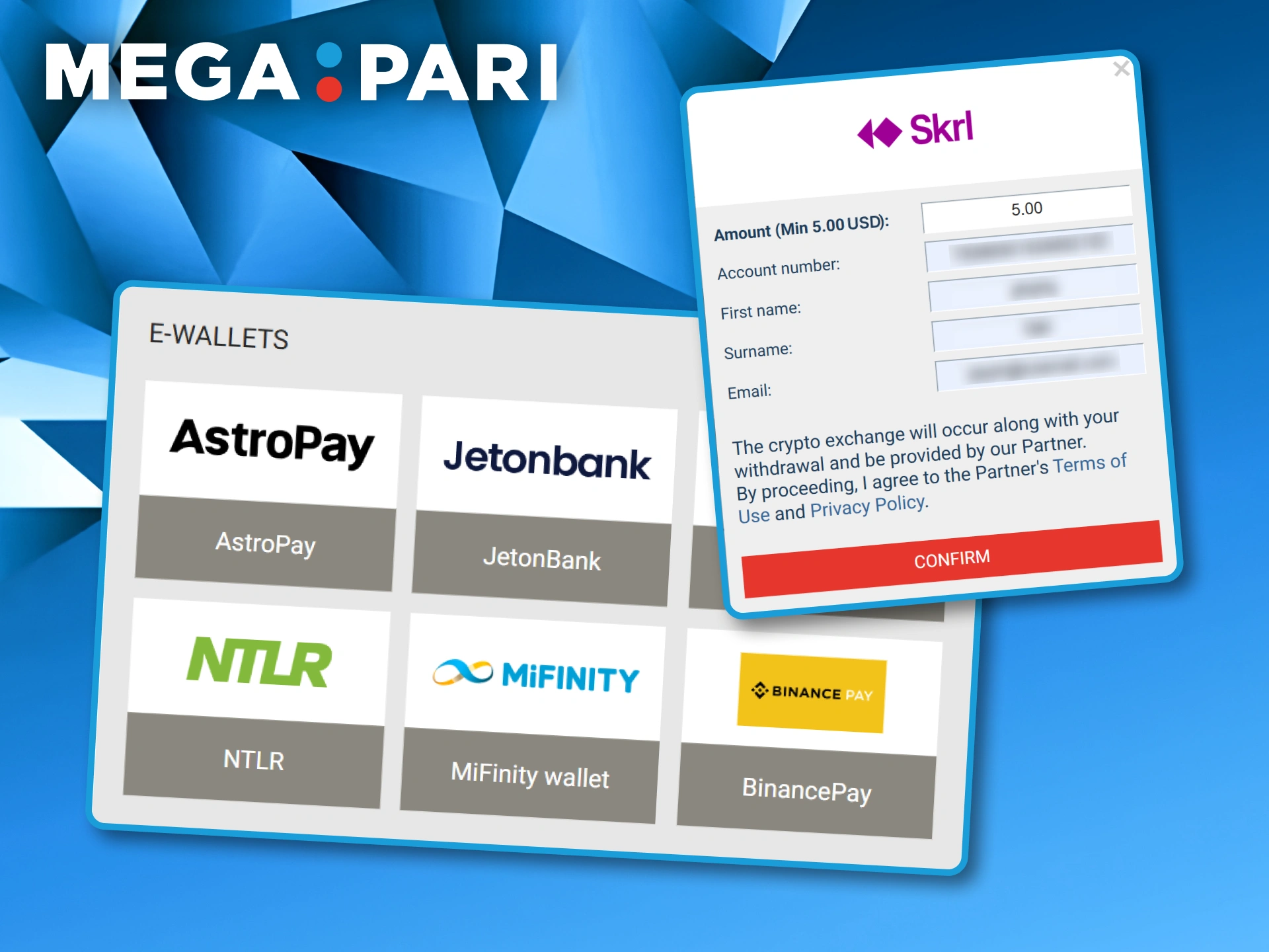 Selection of e-wallets like Skrill and Neteller with a withdrawal confirmation form for Megapari players.