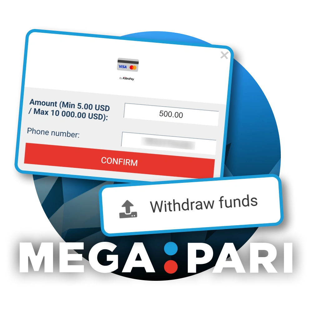 Megapari withdrawal window displaying the process for users to cash out their winnings to a bank card.