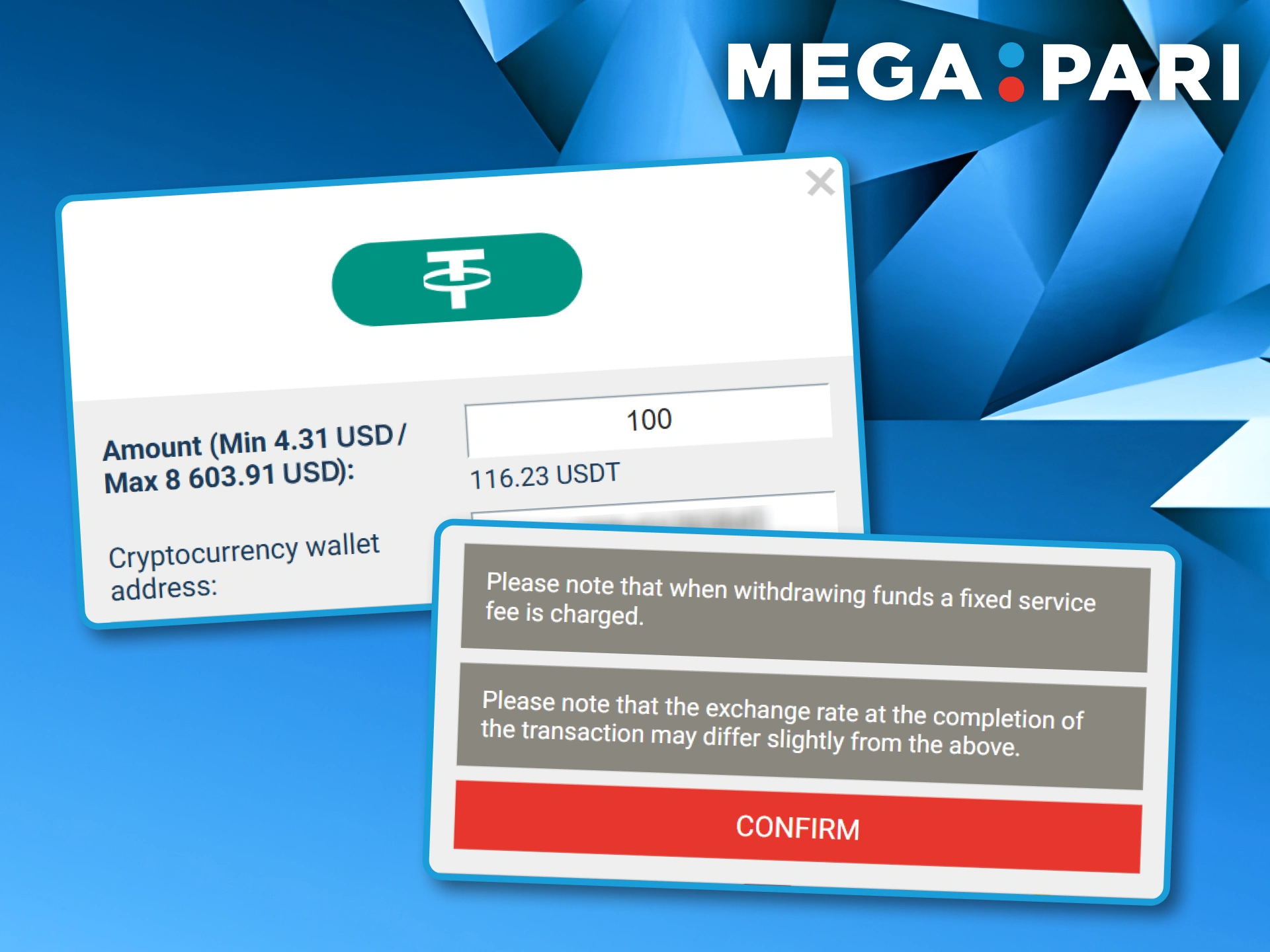 Information window displaying the minimum and maximum withdrawal amounts and service fee notice at Megapari.