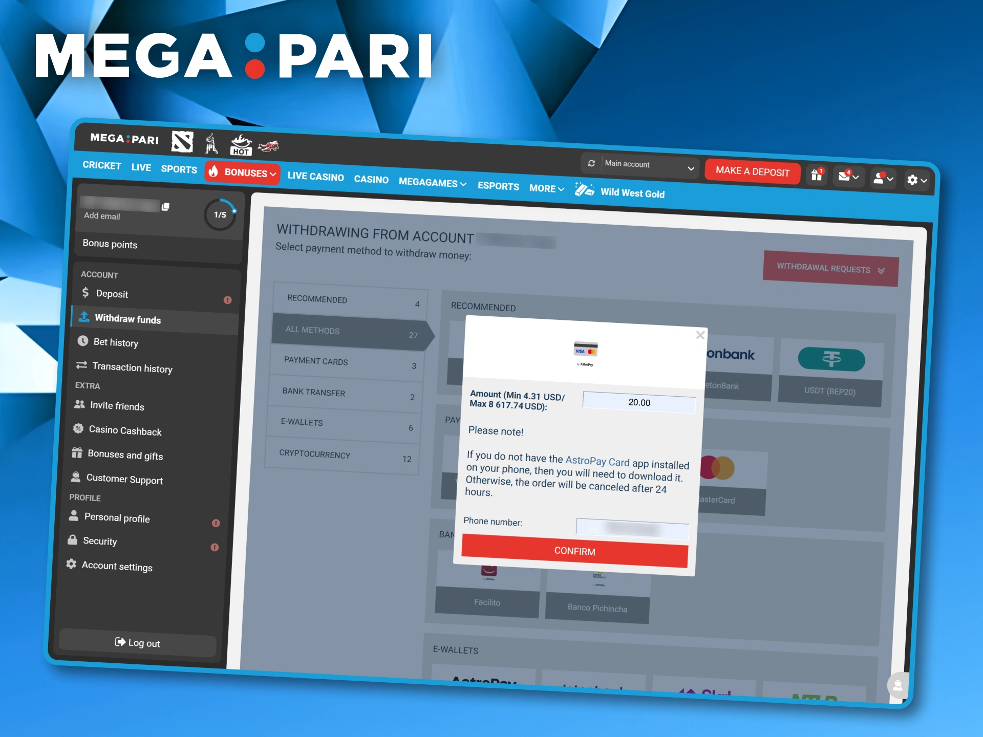 Navigation menu within the Megapari user profile showing how to request a payout.