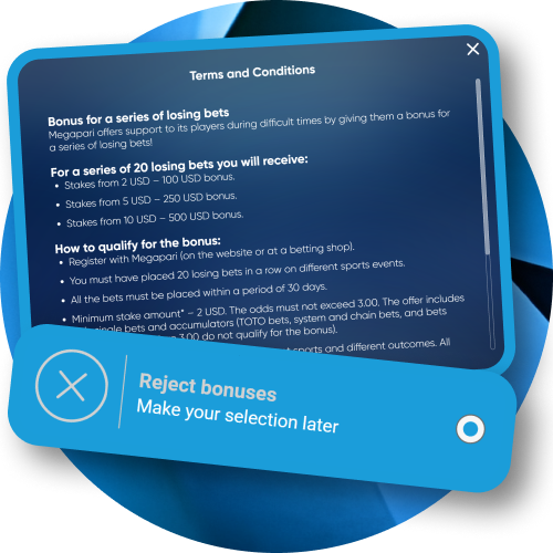 Terms and conditions pop-up window explaining bonus rules and a notification to reject bonuses or make a selection later at Megapari.