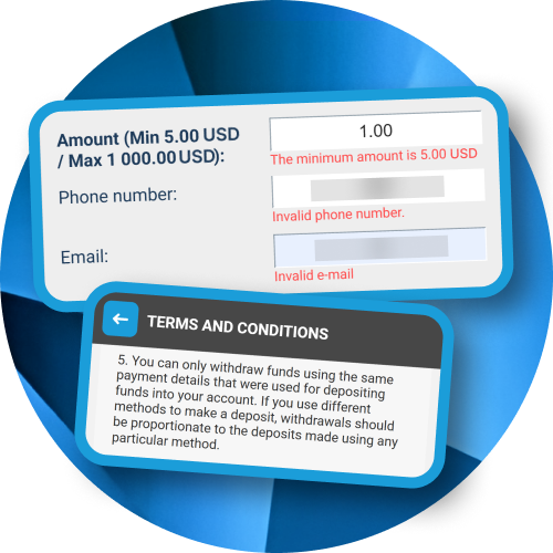 Withdrawal form displaying error messages for an invalid phone number and email alongside the general terms for Megapari payouts.