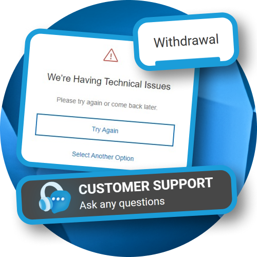 Technical issues alert window with a try again button and a customer support banner for resolving withdrawal problems at Megapari.