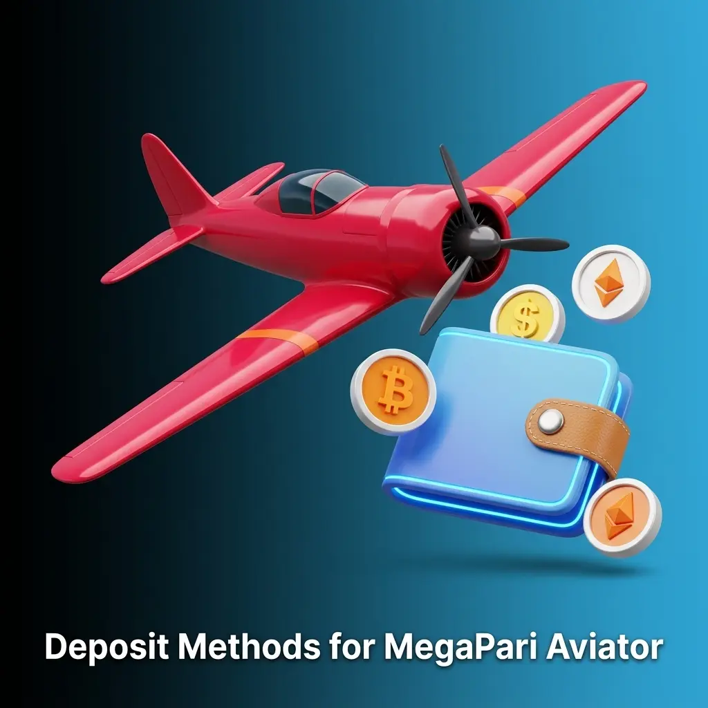 MegaPari Aviator deposit methods including crypto, e-wallets, credit cards, and bank transfers shown in cashier section
