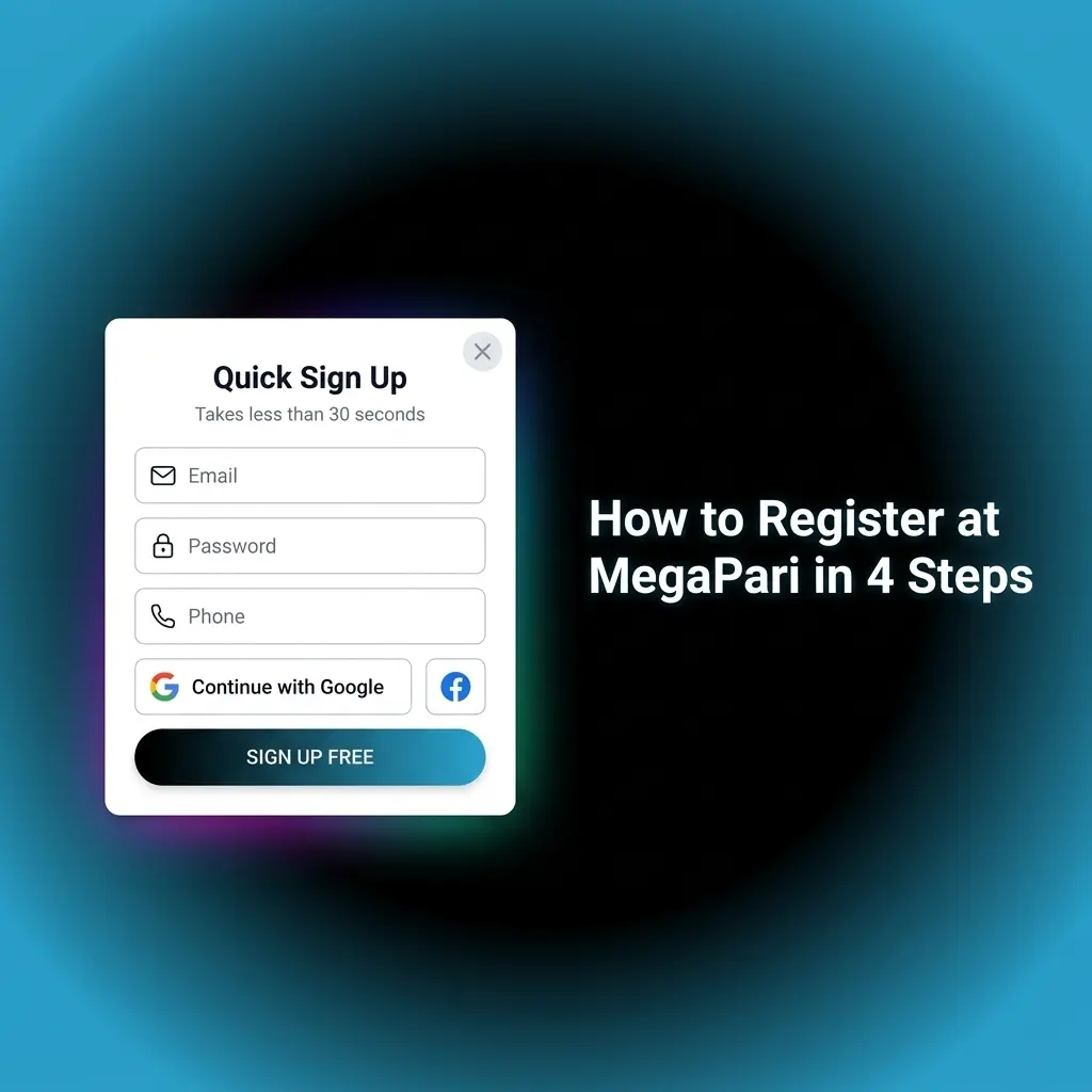 MegaPari registration process shown in 4 steps including sign-up form, verification, and first deposit to claim welcome bonus