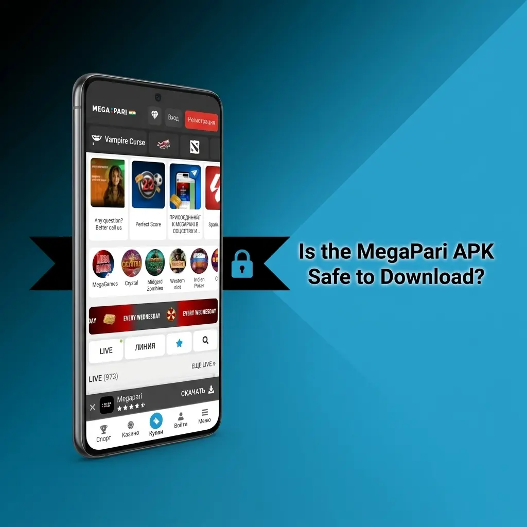 MegaPari APK security features showing SSL encryption and Curacao eGaming License badge for safe download