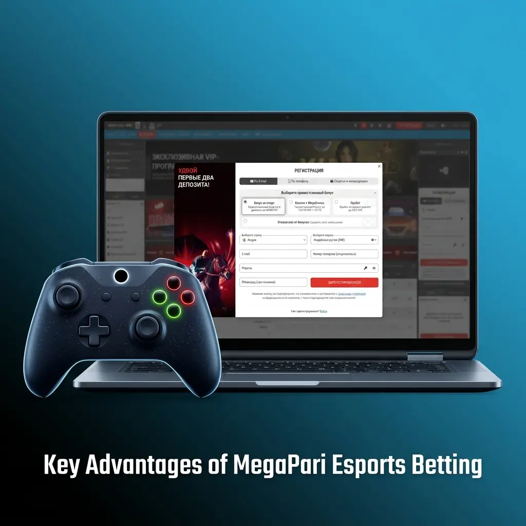 MegaPari esports betting advantages including competitive odds, 30+ bet types, welcome bonus, mobile app, and 24/7 support