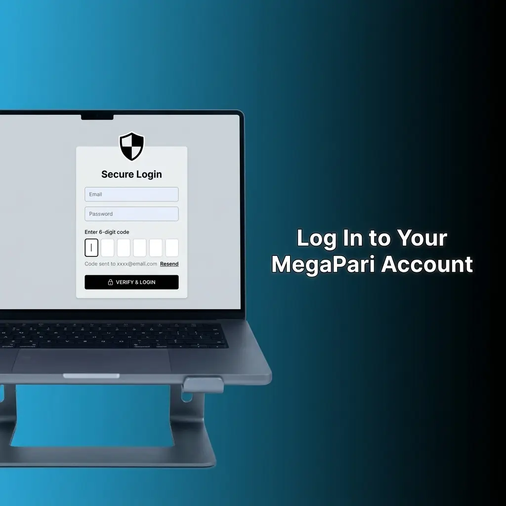 MegaPari login page showing email and password fields with a sign-in button to access your account dashboard