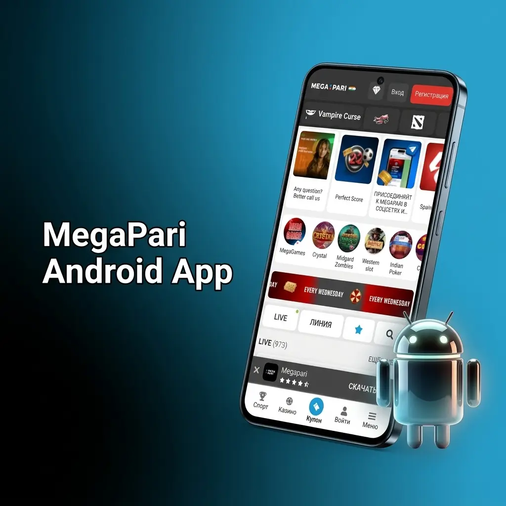 MegaPari Android app interface showing sports betting and casino games available for free download on mobile devices