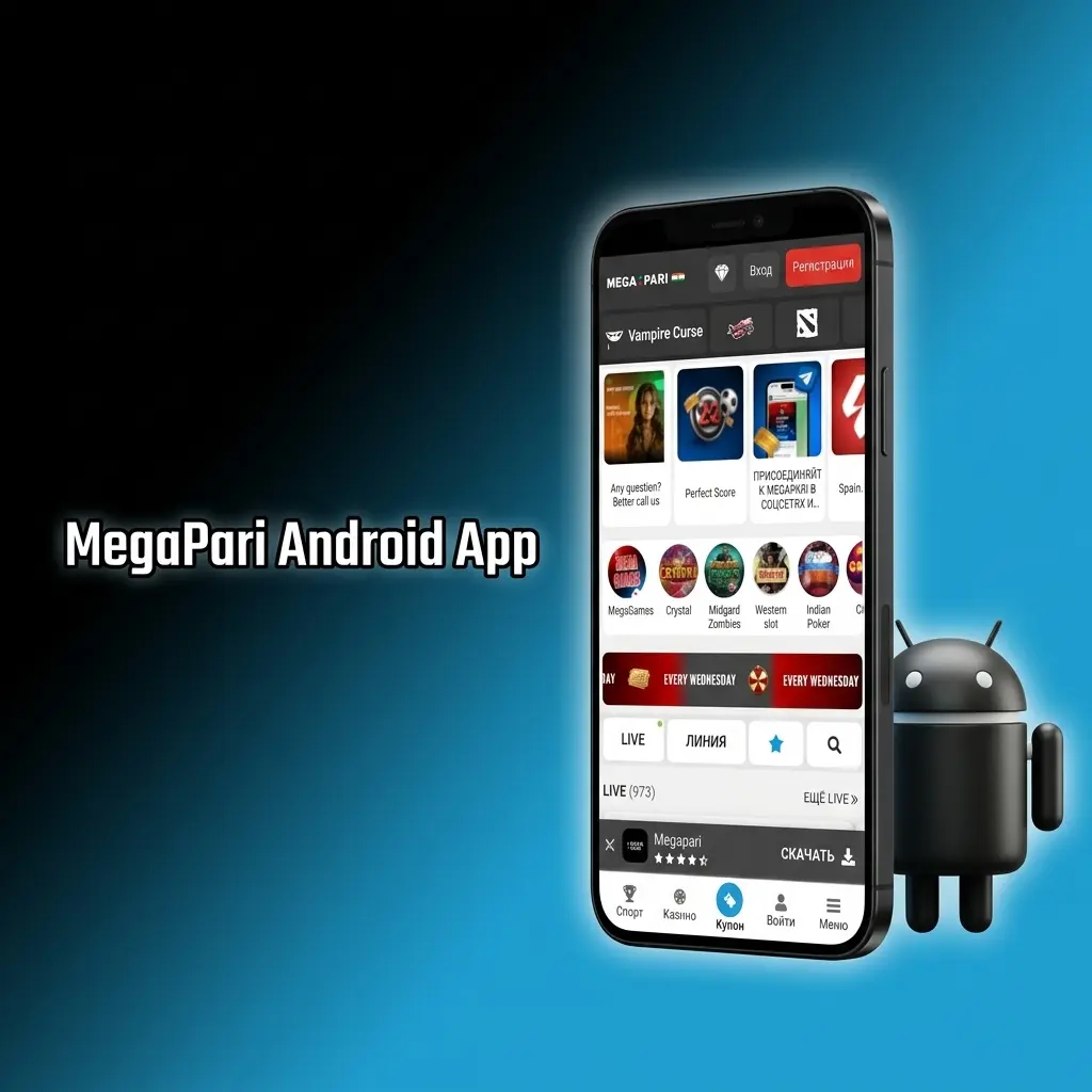 MegaPari Android app APK download and installation steps on a smartphone showing sports betting and casino features