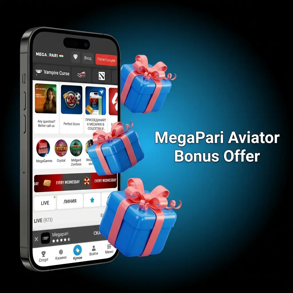 MegaPari casino welcome bonus offering 100% match up to 1590 USD and 150 free spins for Aviator players