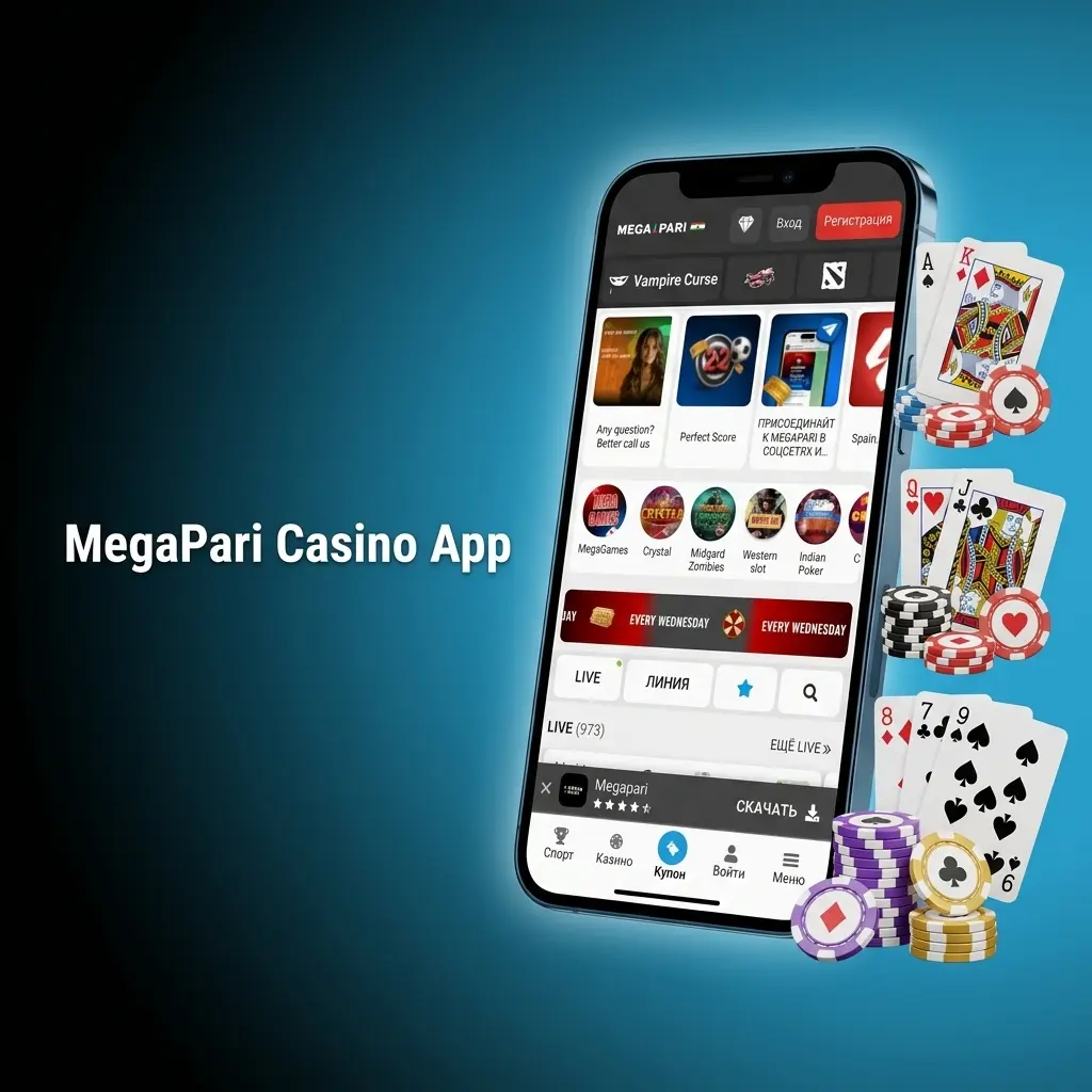 MegaPari casino app showcasing slots, live dealer games, and sports betting from 100+ providers including Evolution and Pragmatic Play