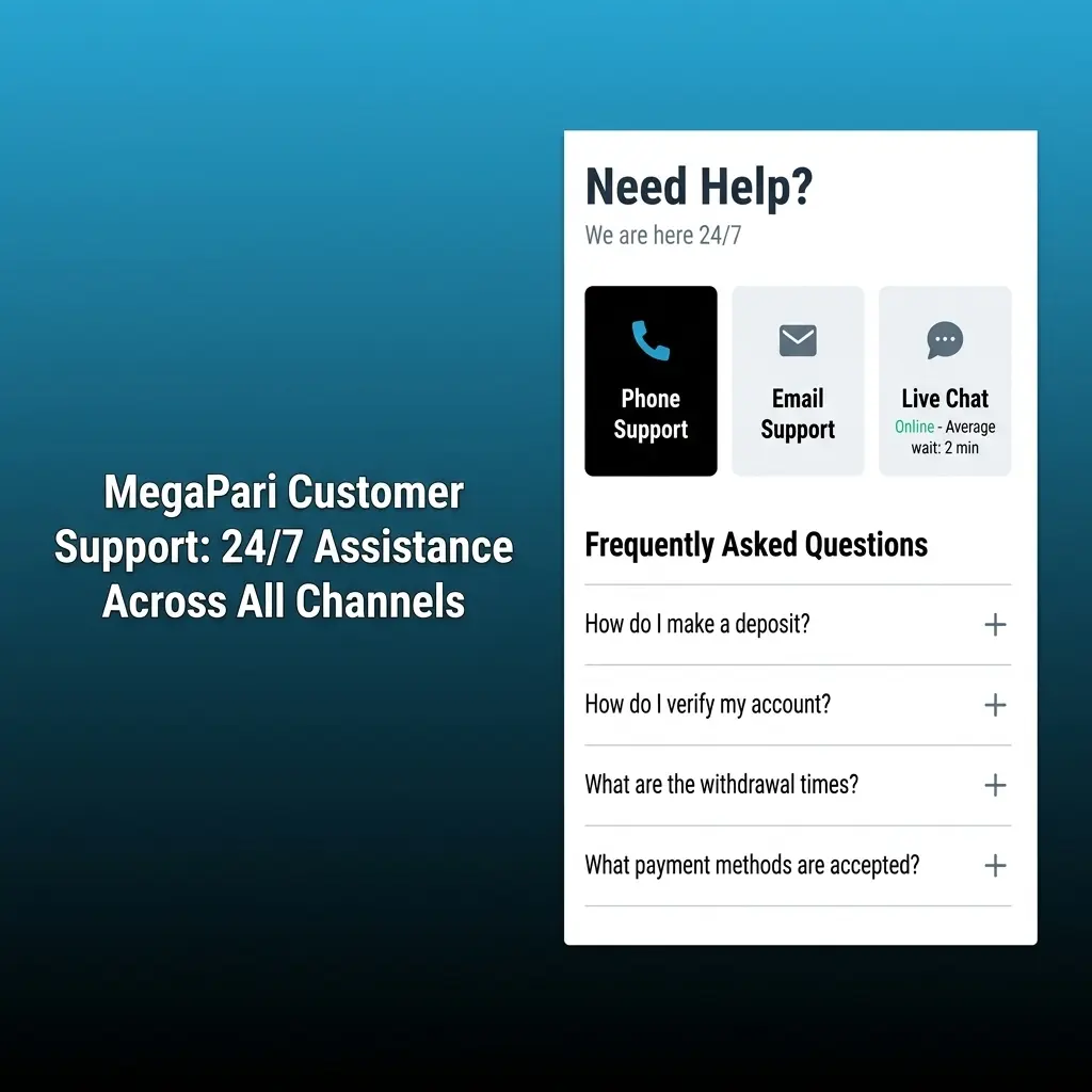 MegaPari customer support channels including live chat, email, Telegram, and FAQ centre available 24/7