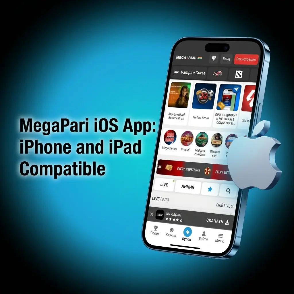MegaPari iOS app displayed on iPhone and iPad, compatible with iOS 12.0 or later, offering sports betting and casino games