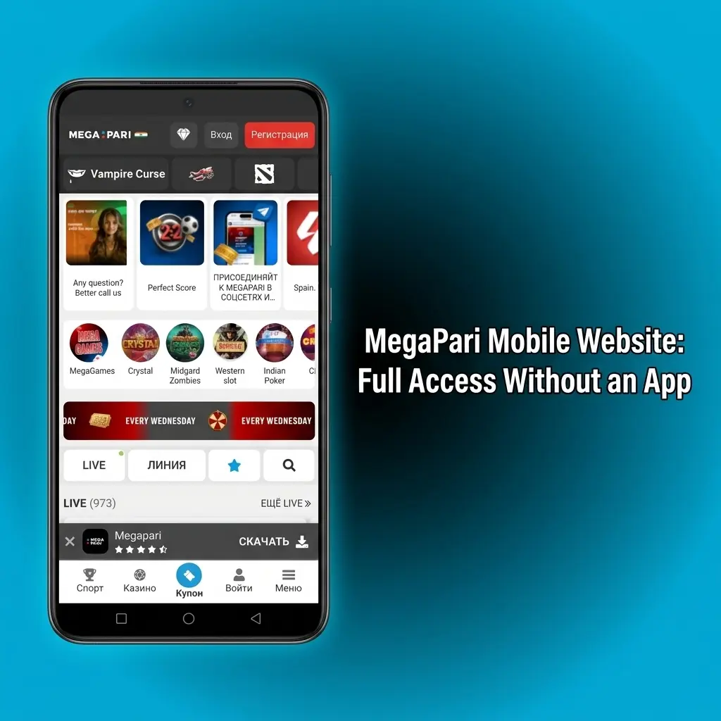 MegaPari mobile website interface displayed on a smartphone browser showing live betting and casino sections
