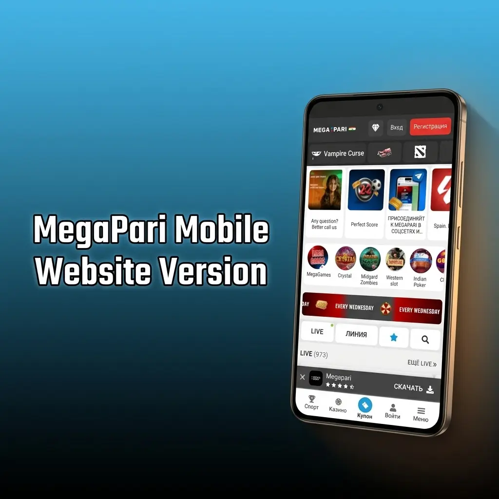 MegaPari mobile website interface optimised for smartphones and tablets, showing sports betting and casino games