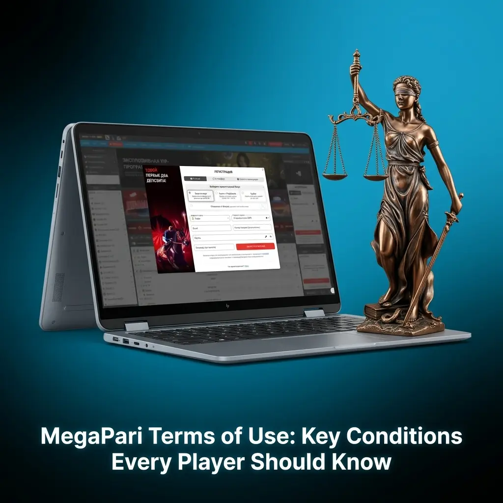 MegaPari terms of use showing key conditions on age, accounts, bonuses, withdrawals, and jurisdiction compliance