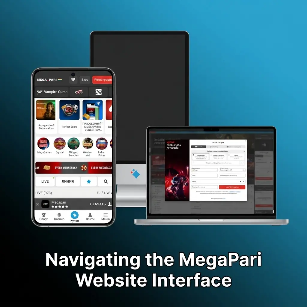 MegaPari website interface showing top navigation bar with Sports, Live Betting, Casino, and account panel options