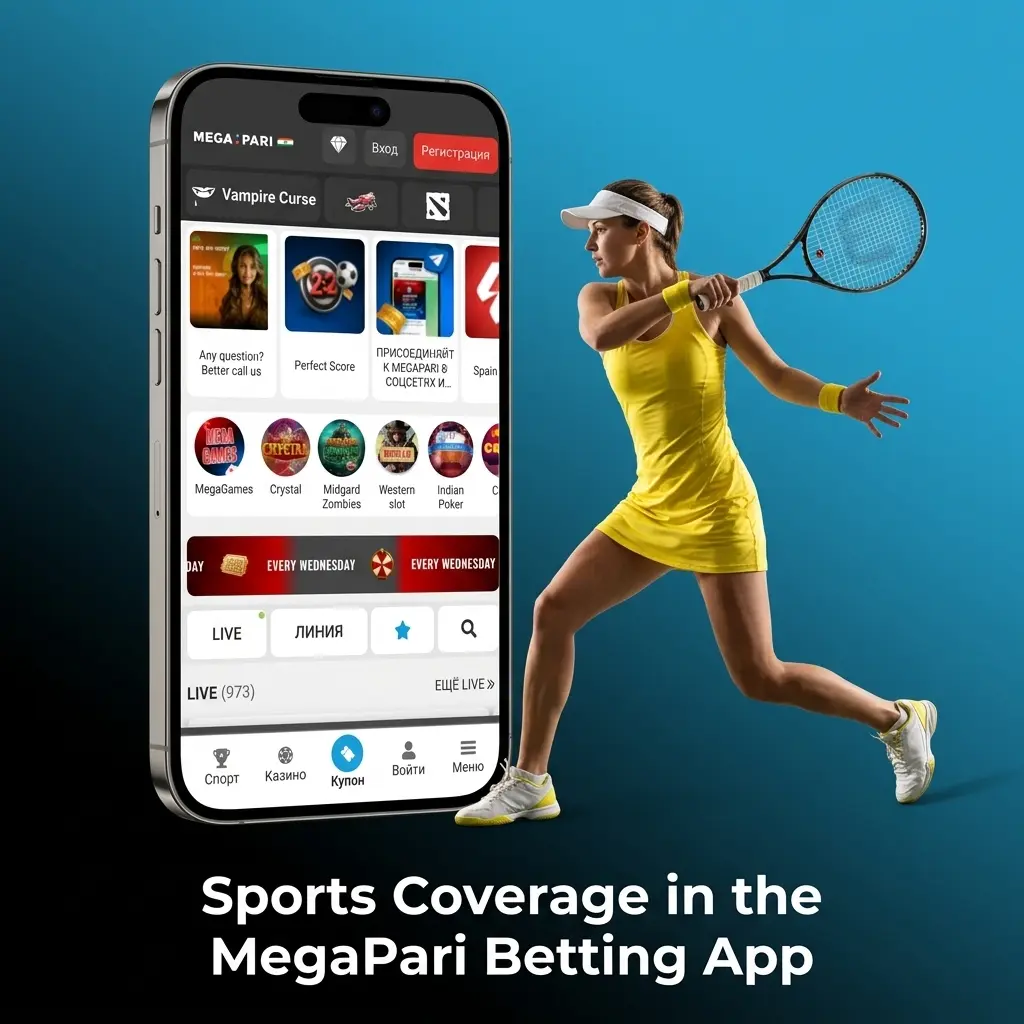 MegaPari betting app sports coverage showing over 30 disciplines including football, basketball, tennis, and eSports events