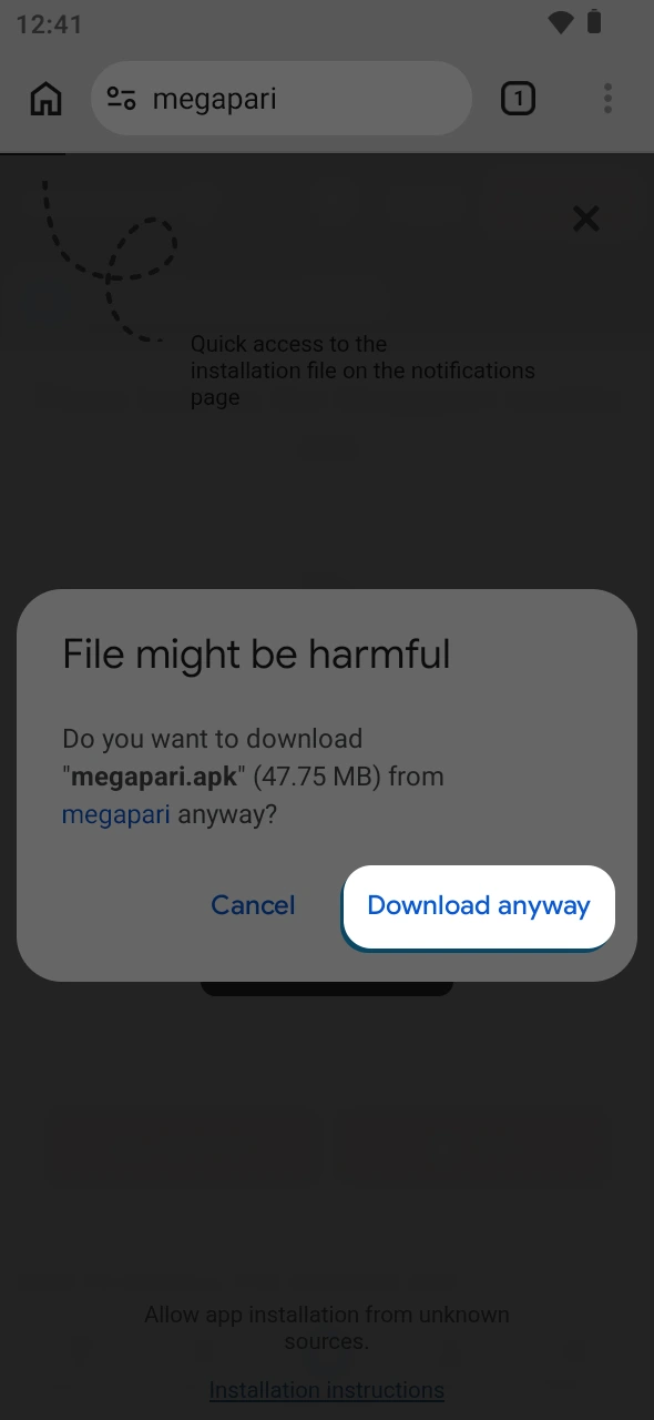 Agree to save the MegaPari app Android installer on your device.