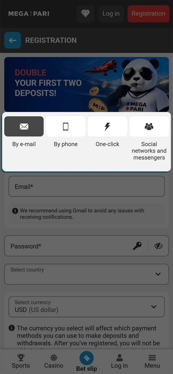 Pick your preferred registration method directly inside the MegaPari app.