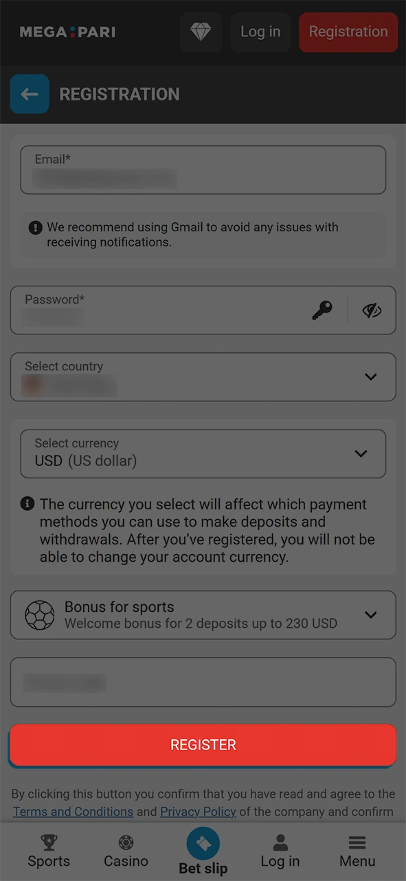 Finalize your account registration to explore the official MegaPari app.