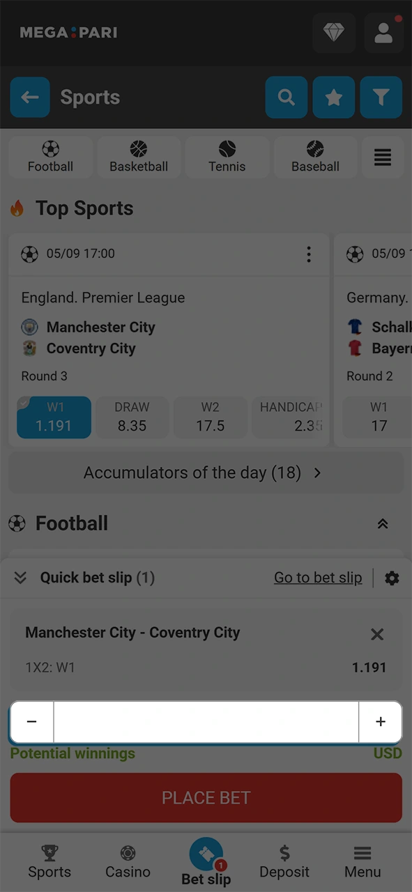 Enter your desired wager amount for mobile betting on the MegaPari app.