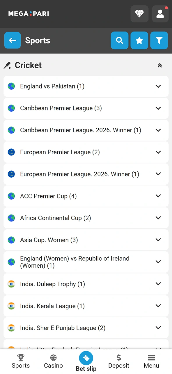 Open the sports section to find profitable MegaPari cricket betting events.
