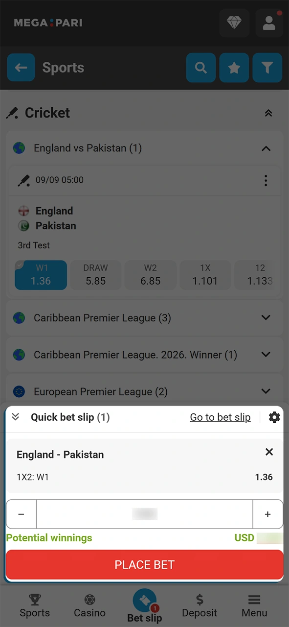 Confirm your wager slip to win from MegaPari cricket betting.
