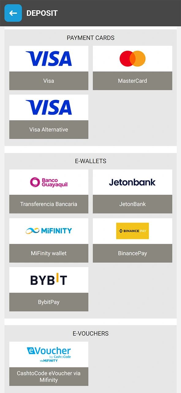 Choose a convenient payment method for your quick MegaPari deposit.