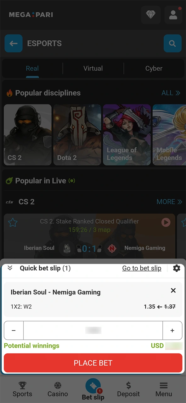 Confirm the wager slip to finalize your MegaPari esports bet.