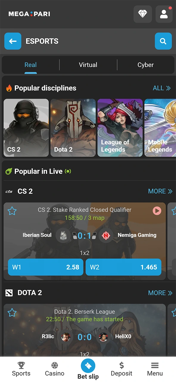Open the dedicated section to find your MegaPari esports bet.