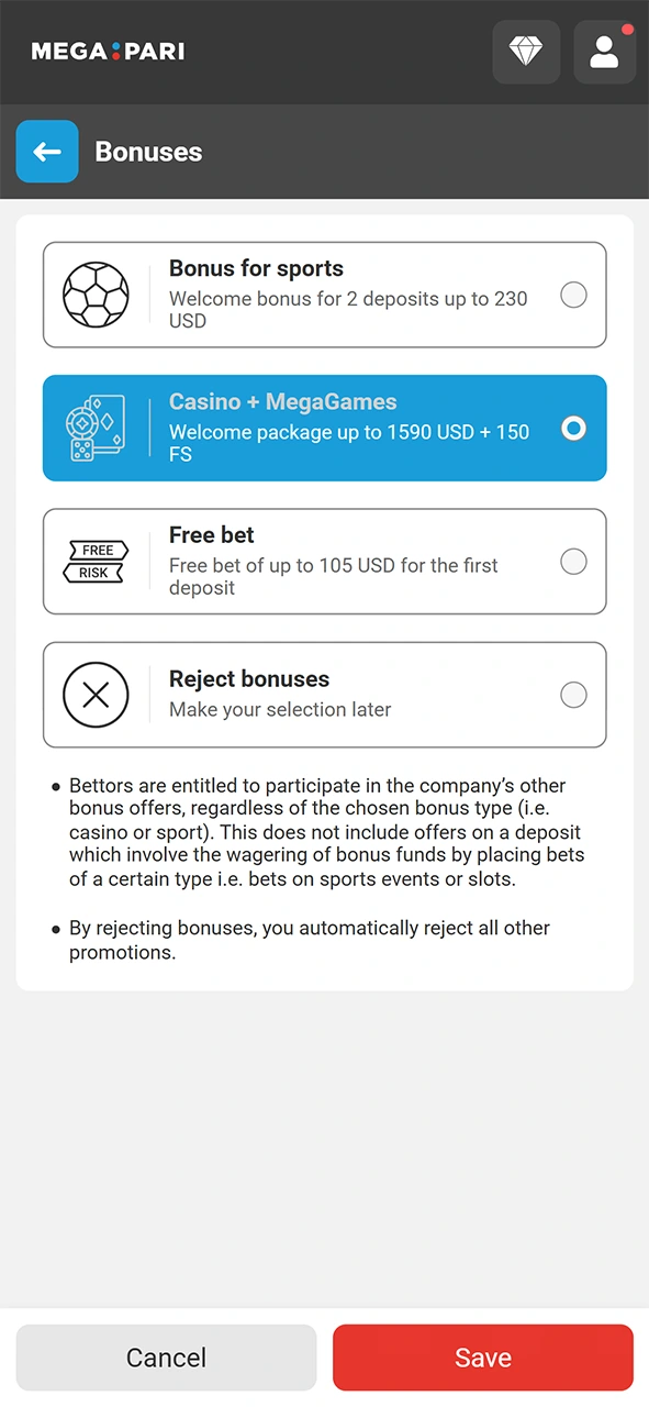 Grab a generous promotional offer for MegaPari live casino games.