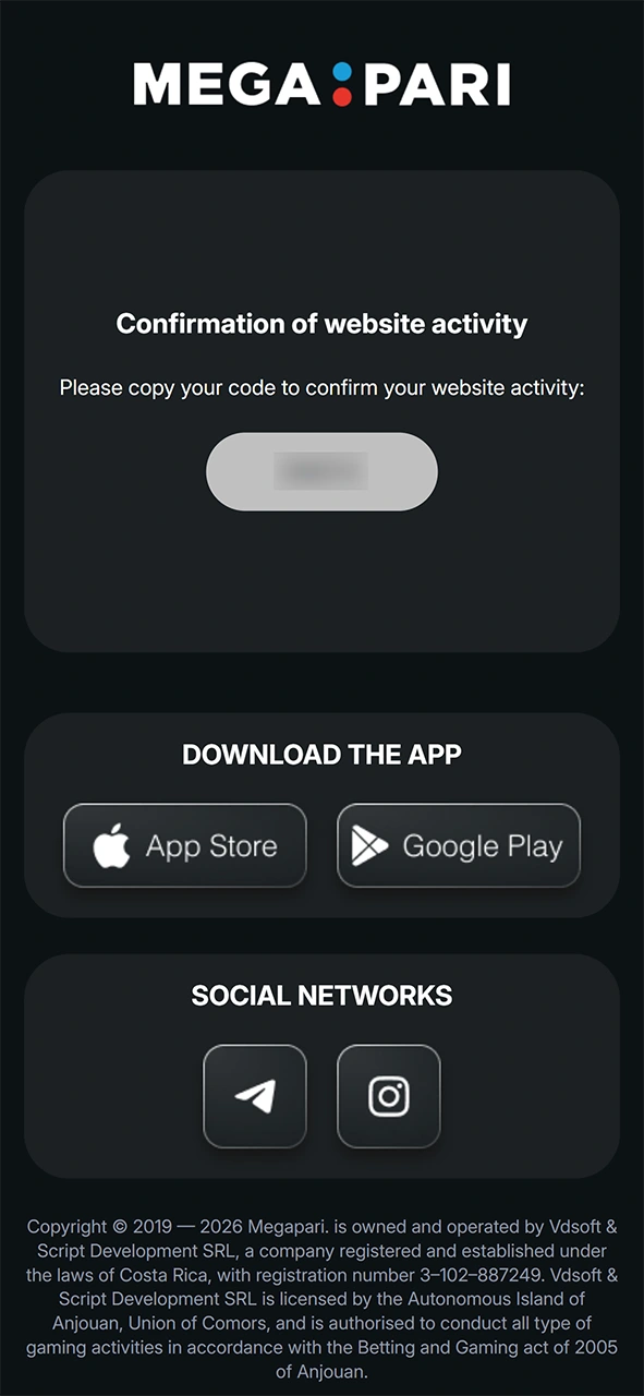 Submit the password reset code for your upcoming MegaPari login.