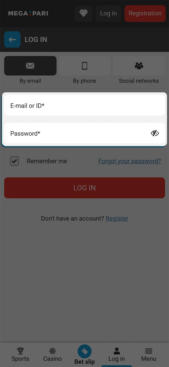 Provide your secure credentials to complete the MegaPari app login.
