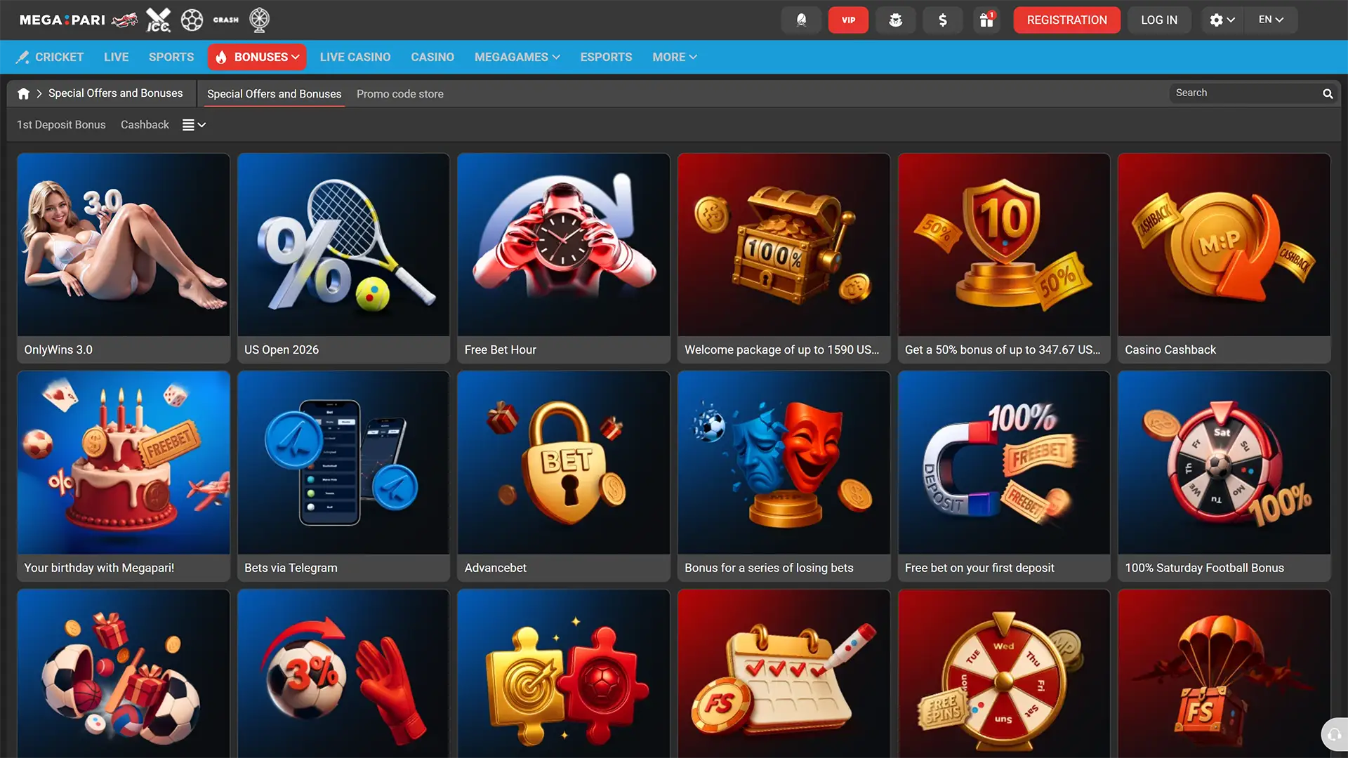 Access the bonuses interface to claim great MegaPari promotional offers.